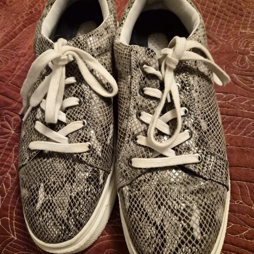 Womens Silver Snakeskin Sneakers. Medium Width